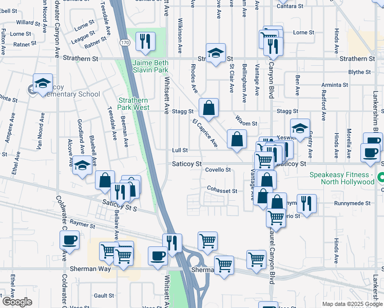 map of restaurants, bars, coffee shops, grocery stores, and more near 7611 Shadyglade Avenue in Los Angeles