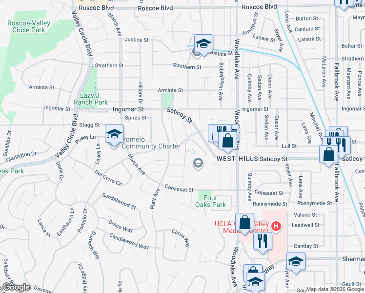 map of restaurants, bars, coffee shops, grocery stores, and more near 23350 Keswick Street in Los Angeles