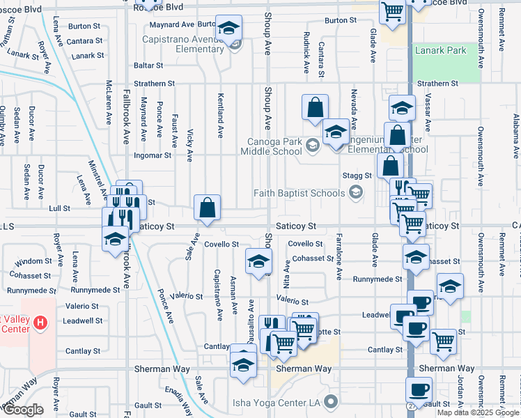 map of restaurants, bars, coffee shops, grocery stores, and more near 22418 Lull Street in Los Angeles