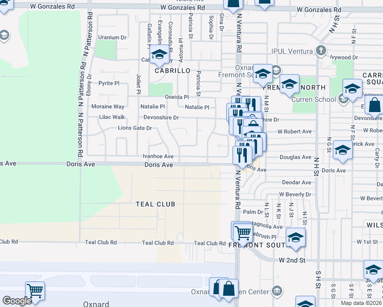 map of restaurants, bars, coffee shops, grocery stores, and more near 1901 Ivanhoe Avenue in Oxnard