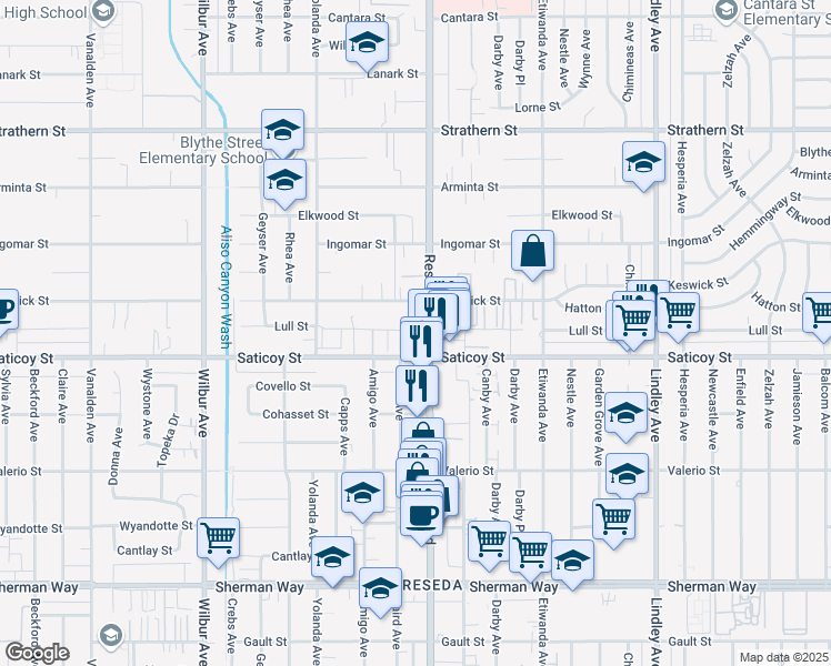 map of restaurants, bars, coffee shops, grocery stores, and more near 7625 Reseda Boulevard in Los Angeles