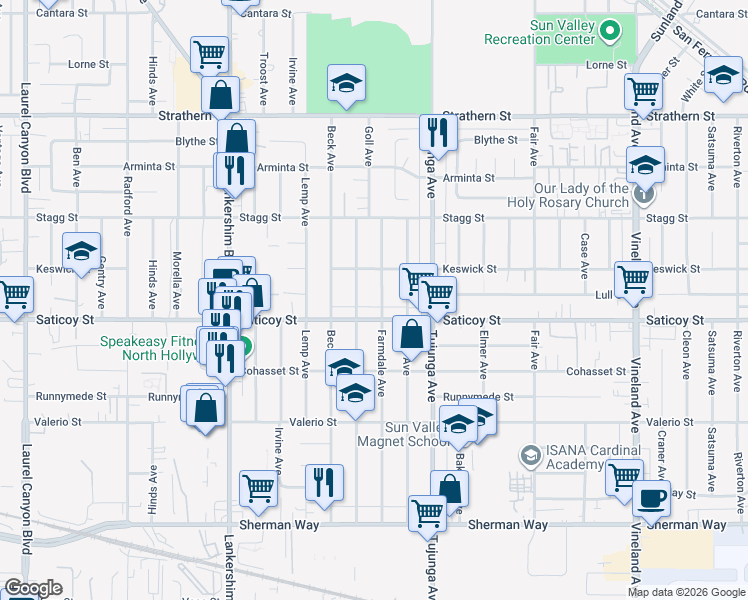 map of restaurants, bars, coffee shops, grocery stores, and more near 7615 Farmdale Avenue in Los Angeles