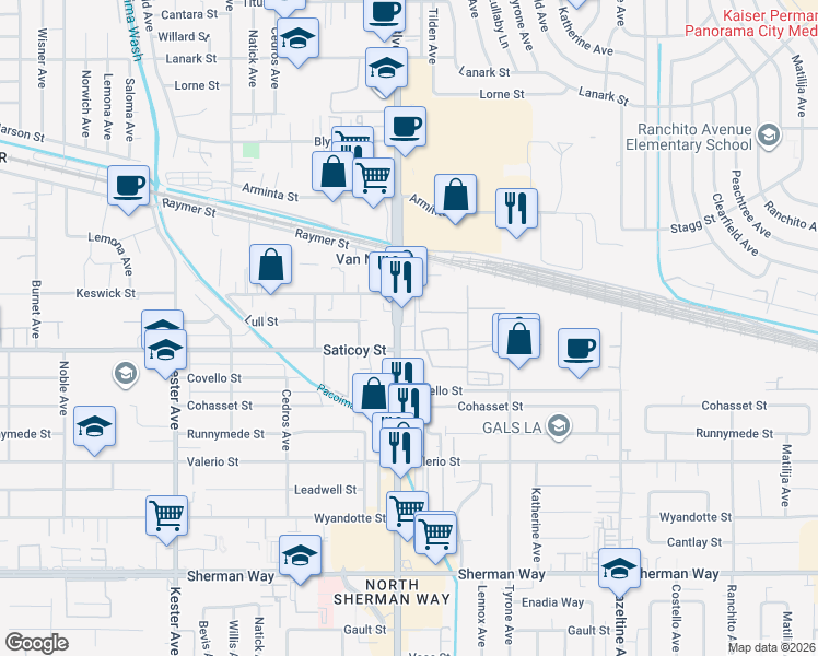 map of restaurants, bars, coffee shops, grocery stores, and more near in Los Angeles