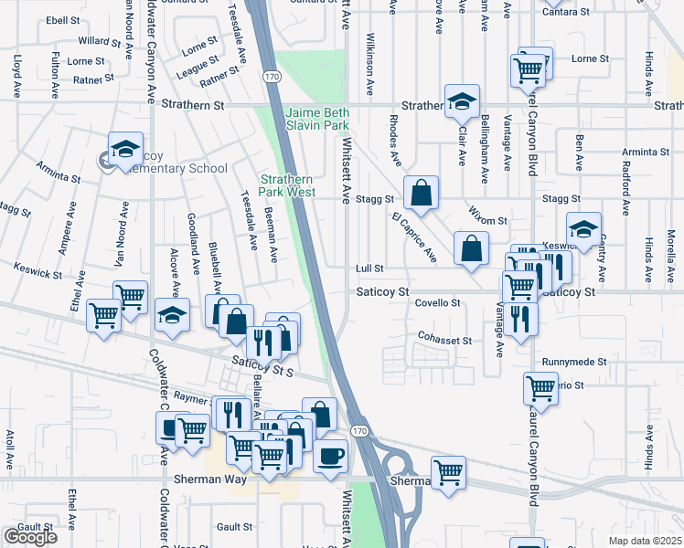 map of restaurants, bars, coffee shops, grocery stores, and more near 12500 Lull Street in Los Angeles