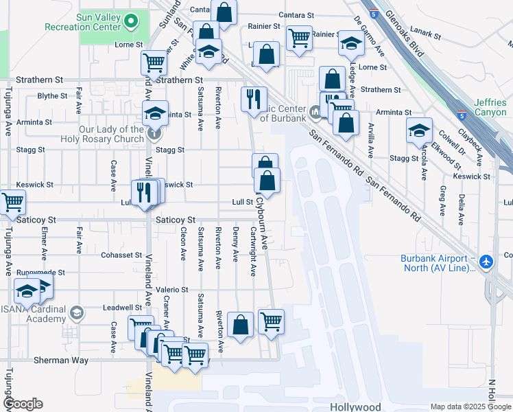 map of restaurants, bars, coffee shops, grocery stores, and more near 10700 Lull Street in Los Angeles