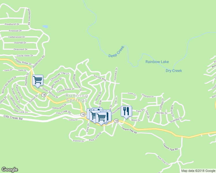 map of restaurants, bars, coffee shops, grocery stores, and more near 2448 Deep Creek Drive in Running Springs