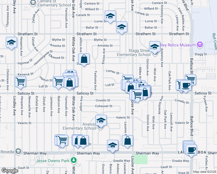 map of restaurants, bars, coffee shops, grocery stores, and more near 17436 Lull Street in Los Angeles