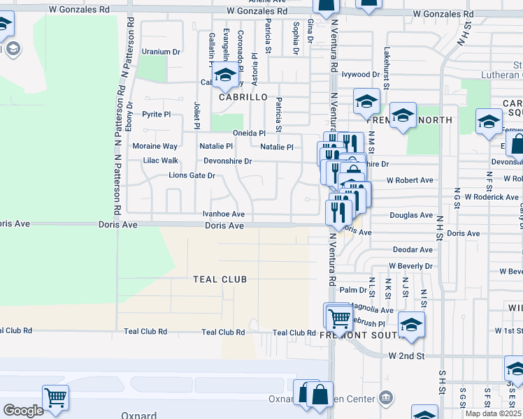 map of restaurants, bars, coffee shops, grocery stores, and more near 1921 Ivanhoe Avenue in Oxnard