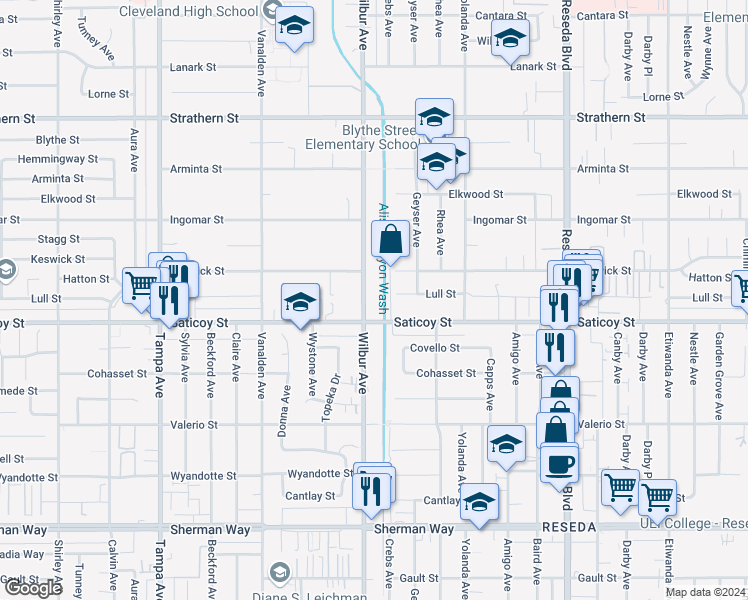 map of restaurants, bars, coffee shops, grocery stores, and more near 7630 Wilbur Avenue in Los Angeles