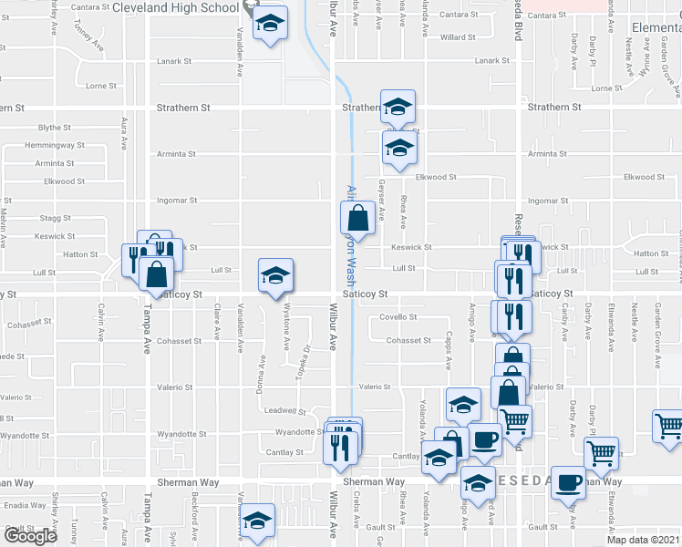 map of restaurants, bars, coffee shops, grocery stores, and more near 7630 Wilbur Avenue in Los Angeles