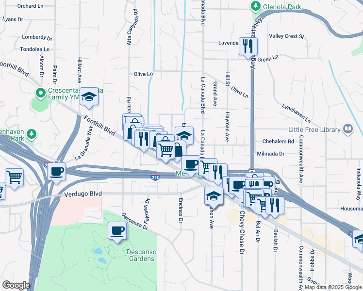 map of restaurants, bars, coffee shops, grocery stores, and more near 4555 Encinas Drive in La Cañada Flintridge