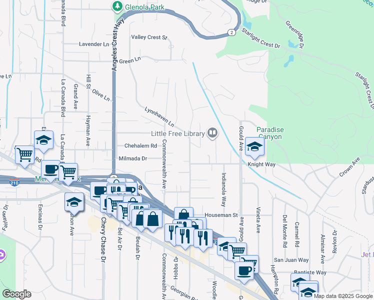 map of restaurants, bars, coffee shops, grocery stores, and more near 4929 Oakwood Avenue in La Cañada Flintridge