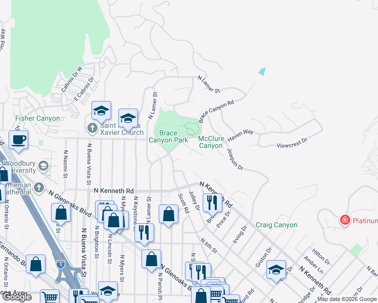 map of restaurants, bars, coffee shops, grocery stores, and more near 3111 Amigos Drive in Burbank