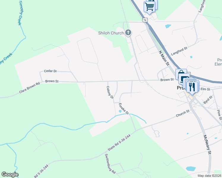 map of restaurants, bars, coffee shops, grocery stores, and more near 103 Colony Drive in Prosperity