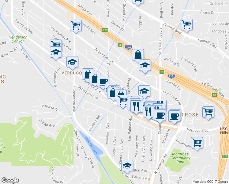 map of restaurants, bars, coffee shops, grocery stores, and more near 2532 Hermosa Ave in La Crescenta-Montrose