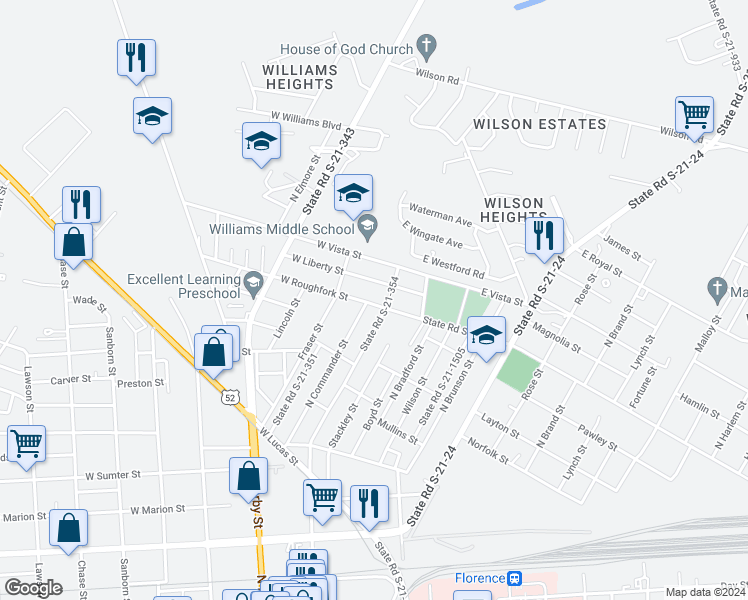 map of restaurants, bars, coffee shops, grocery stores, and more near 107 West Roughfork Street in Florence