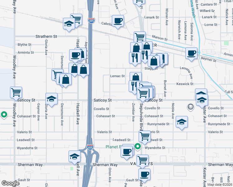 map of restaurants, bars, coffee shops, grocery stores, and more near 15432 Lull Street in Los Angeles