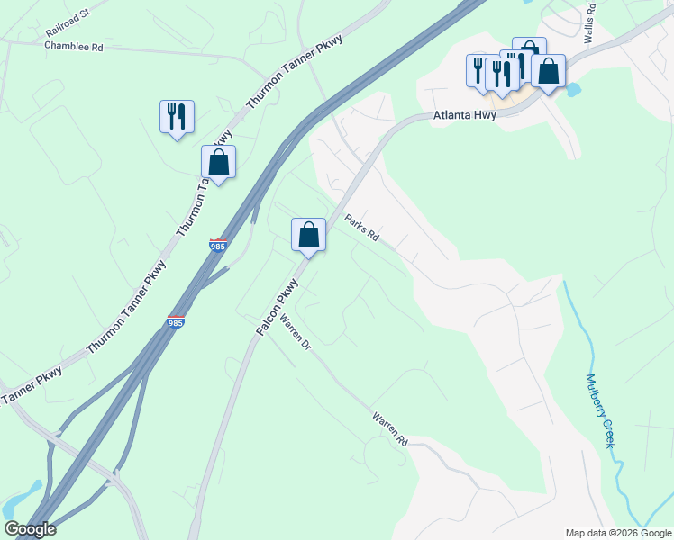 map of restaurants, bars, coffee shops, grocery stores, and more near 3885 Falcon Parkway in Flowery Branch