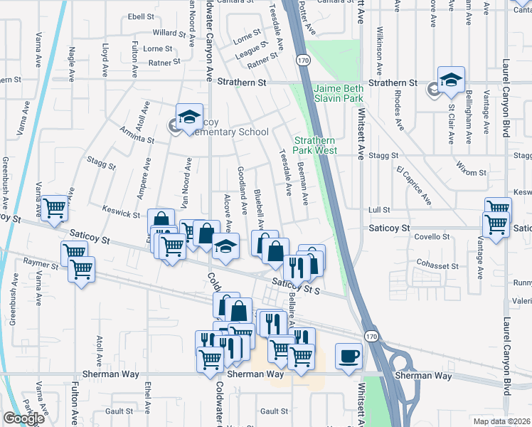 map of restaurants, bars, coffee shops, grocery stores, and more near 7628 Bluebell Avenue in Los Angeles