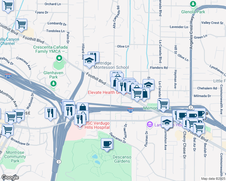 map of restaurants, bars, coffee shops, grocery stores, and more near in La Cañada Flintridge