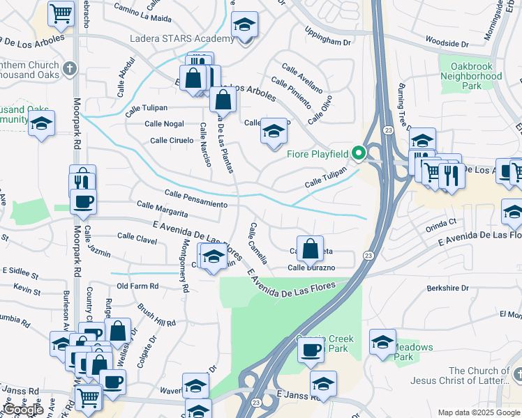 map of restaurants, bars, coffee shops, grocery stores, and more near 2351 Calle Lirio in Thousand Oaks