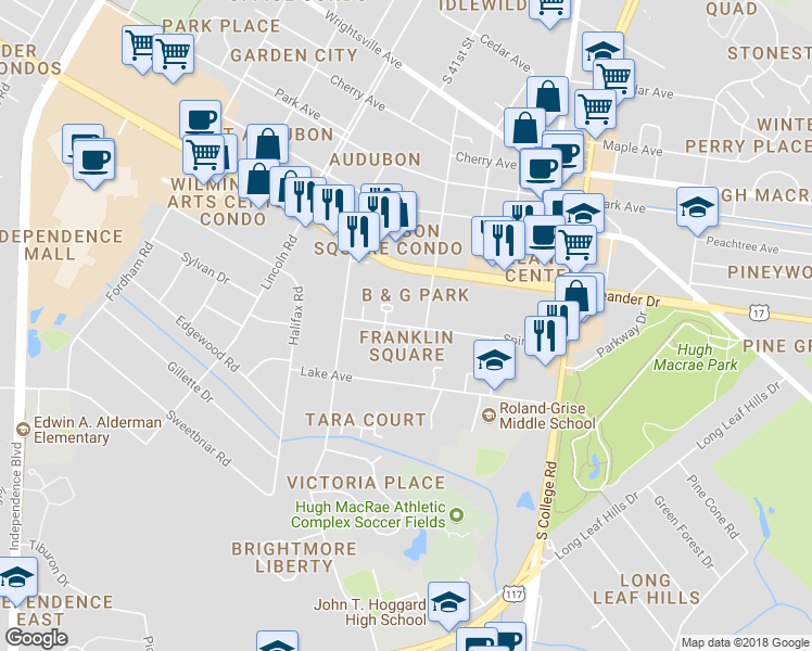 map of restaurants, bars, coffee shops, grocery stores, and more near 4177 Spirea Drive in Wilmington