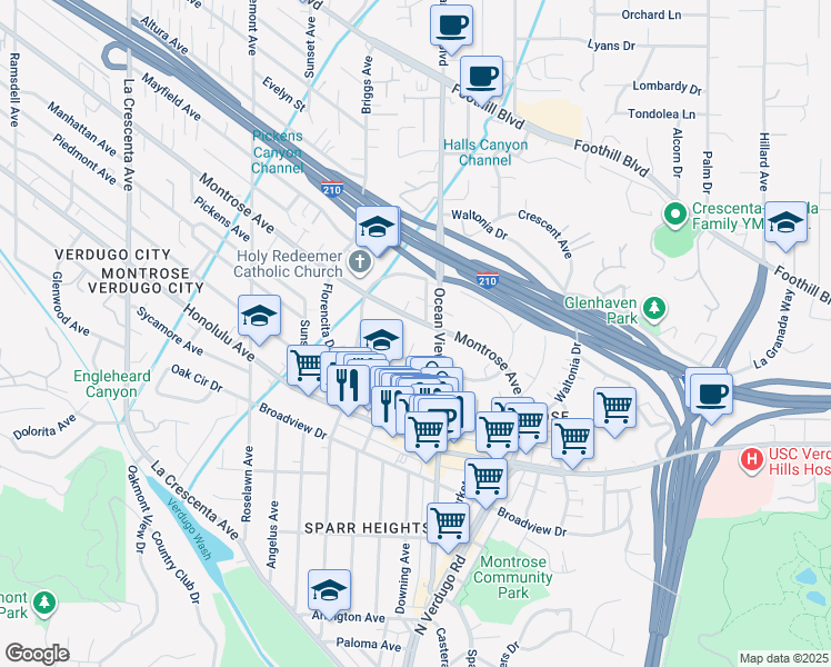 map of restaurants, bars, coffee shops, grocery stores, and more near 2304 Montrose Avenue in La Crescenta-Montrose