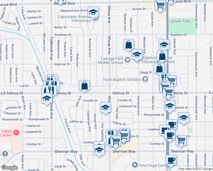 map of restaurants, bars, coffee shops, grocery stores, and more near 22418 Lull Street in Los Angeles