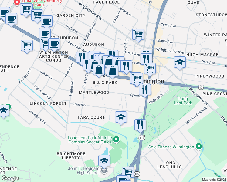 map of restaurants, bars, coffee shops, grocery stores, and more near 4204-4206 Spirea Dr in Wilmington