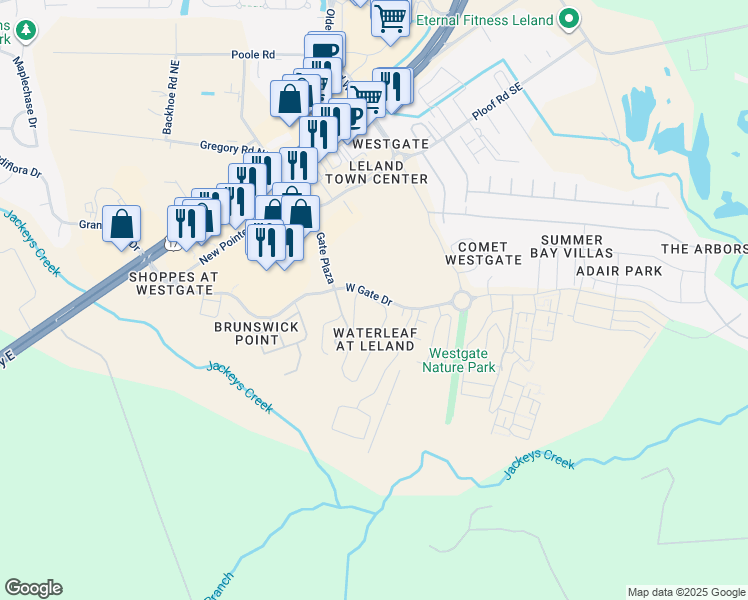 map of restaurants, bars, coffee shops, grocery stores, and more near 7418 Cordoba Circle in Leland