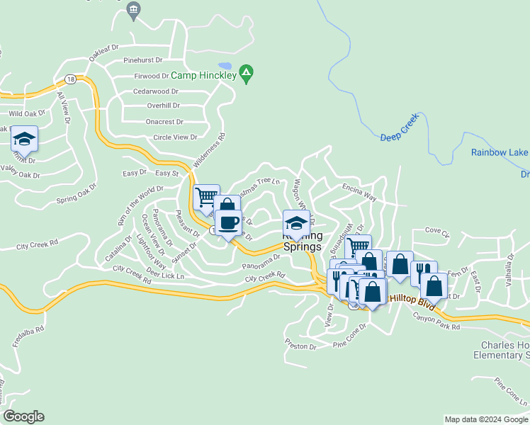 map of restaurants, bars, coffee shops, grocery stores, and more near 31713 Luring Pines Drive in Running Springs