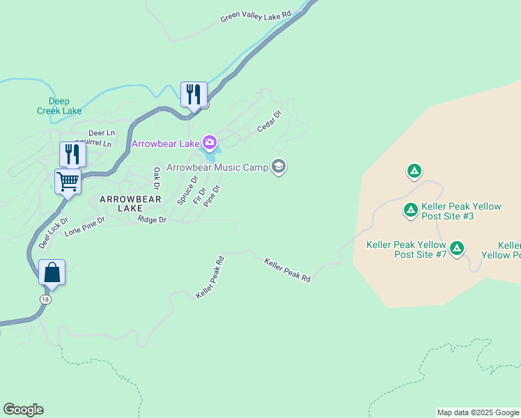 map of restaurants, bars, coffee shops, grocery stores, and more near 32890 Hilltop Boulevard in Running Springs
