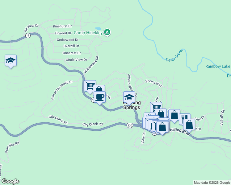 map of restaurants, bars, coffee shops, grocery stores, and more near 31728 Luring Pines Circle in Running Springs