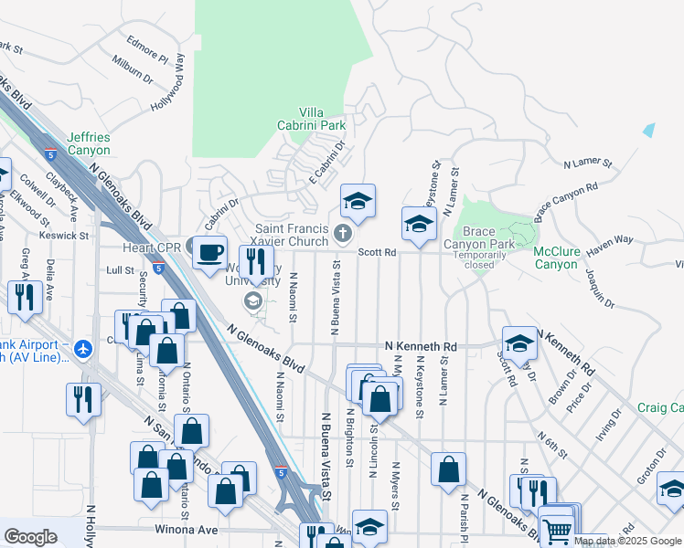 map of restaurants, bars, coffee shops, grocery stores, and more near 3030 North Buena Vista Street in Burbank