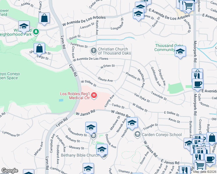 map of restaurants, bars, coffee shops, grocery stores, and more near 183 West Sidlee Street in Thousand Oaks