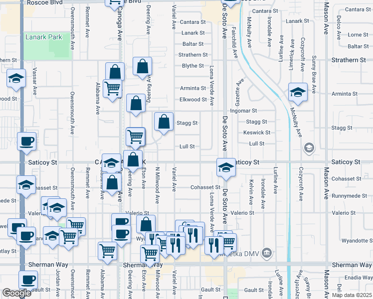 map of restaurants, bars, coffee shops, grocery stores, and more near 21030 Lull Street in Los Angeles