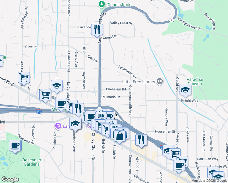 map of restaurants, bars, coffee shops, grocery stores, and more near 911 Milmada Drive in La Cañada Flintridge
