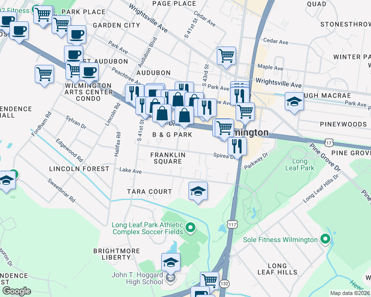 map of restaurants, bars, coffee shops, grocery stores, and more near 4204-4206 Spirea Dr in Wilmington