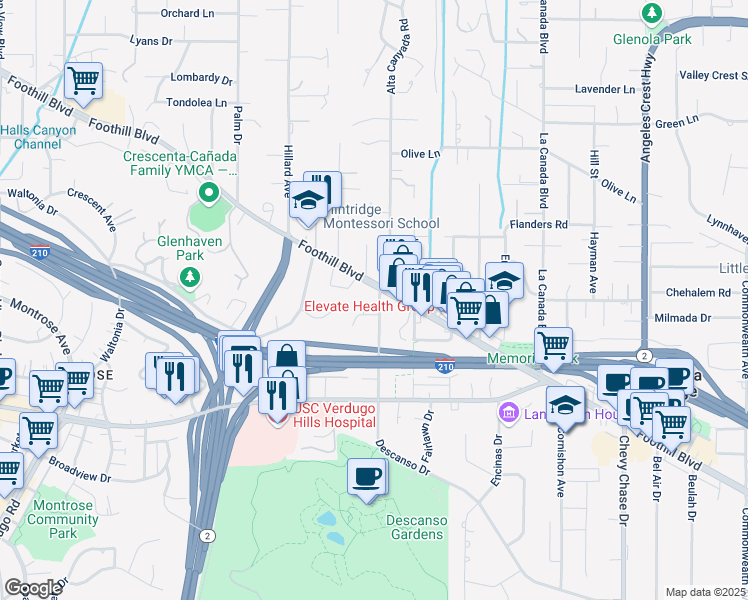map of restaurants, bars, coffee shops, grocery stores, and more near 4469 Alta Canyada Road in La Cañada Flintridge