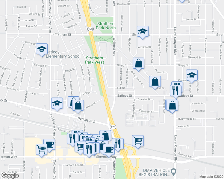 map of restaurants, bars, coffee shops, grocery stores, and more near 12500 Lull Street in Los Angeles