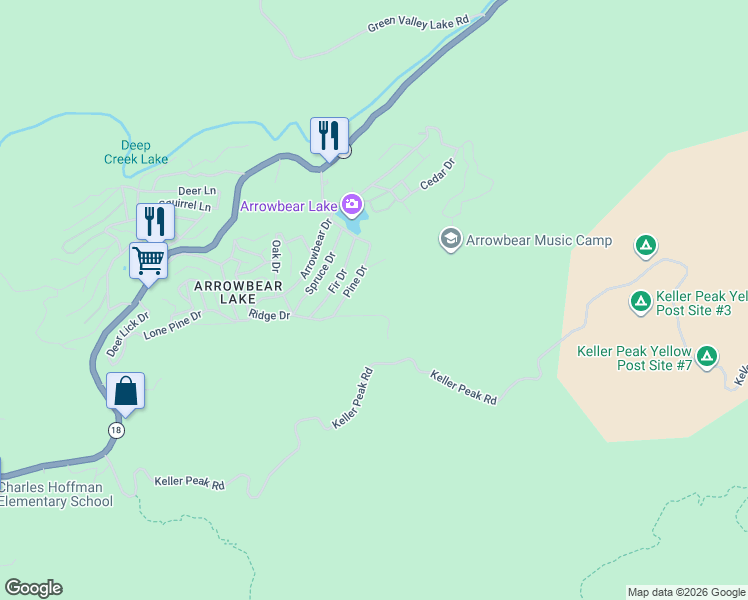 map of restaurants, bars, coffee shops, grocery stores, and more near Arrowbear Drive in Running Springs