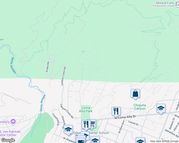map of restaurants, bars, coffee shops, grocery stores, and more near 3751 North Hollingsworth Road in Altadena