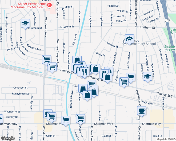 map of restaurants, bars, coffee shops, grocery stores, and more near 7623 Fulton Avenue in Los Angeles