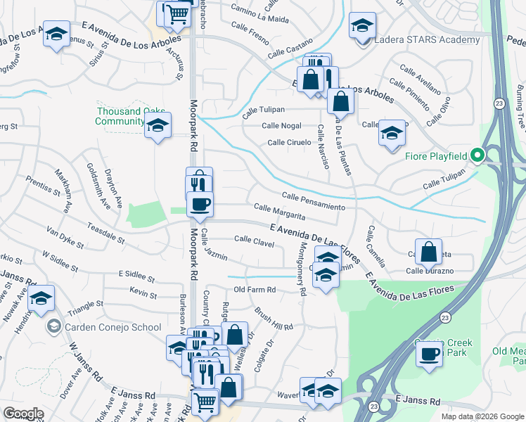 map of restaurants, bars, coffee shops, grocery stores, and more near 838 Calle Margarita in Thousand Oaks