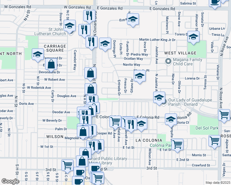 map of restaurants, bars, coffee shops, grocery stores, and more near 371 Huerta Street in Oxnard