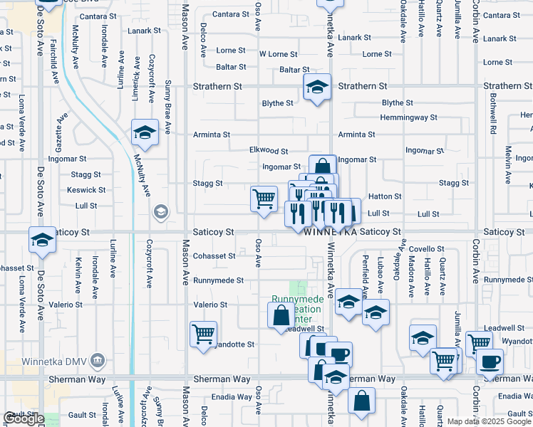 map of restaurants, bars, coffee shops, grocery stores, and more near 7640 Oso Avenue in Los Angeles
