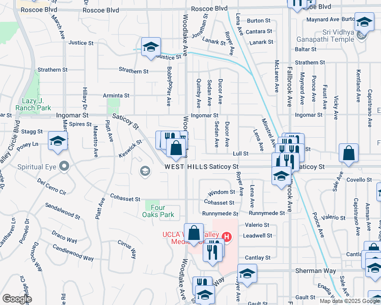 map of restaurants, bars, coffee shops, grocery stores, and more near 7659 Balasiano Avenue in Los Angeles