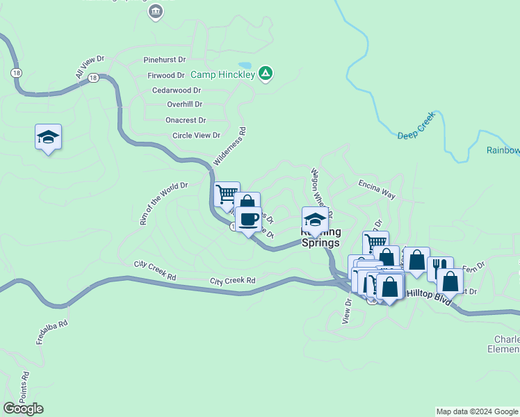 map of restaurants, bars, coffee shops, grocery stores, and more near 31634 Valley View Drive in Running Springs