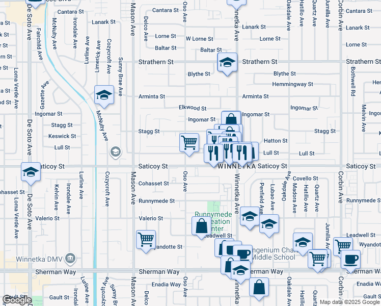 map of restaurants, bars, coffee shops, grocery stores, and more near 7640 Oso Avenue in Los Angeles