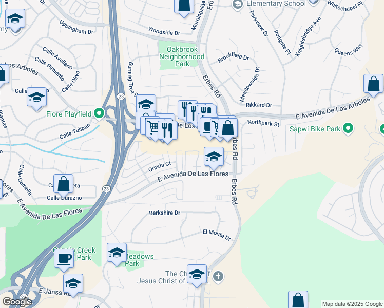 map of restaurants, bars, coffee shops, grocery stores, and more near 1922 Deerfield Street in Thousand Oaks